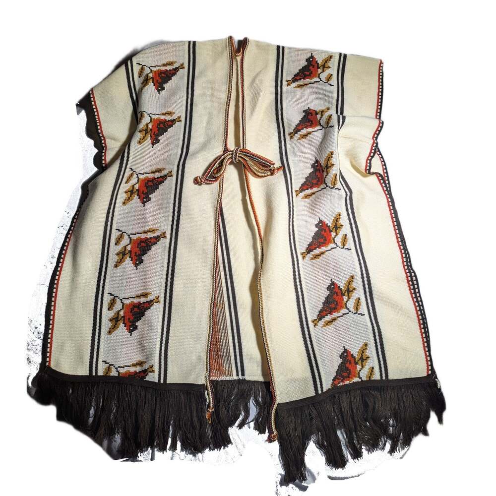 Vtg 1970s Ivory Brown Bird Patterned Knit Tie Front Fringe Trim Poncho Sweater L